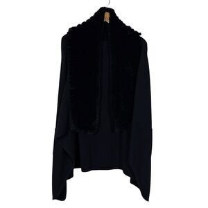Belle Fare Black Cashmere Long Wrap-Style Vest Rex Rabbit Fur Lining Front Ends